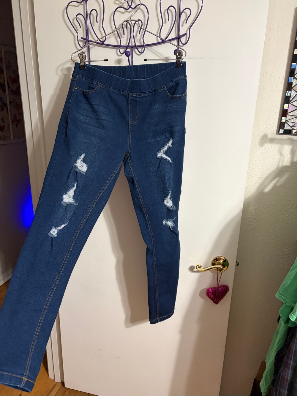💜 Large Shiela Rose Women's Dark Blue Distressed Stretch Skinny Pull on  Jeans